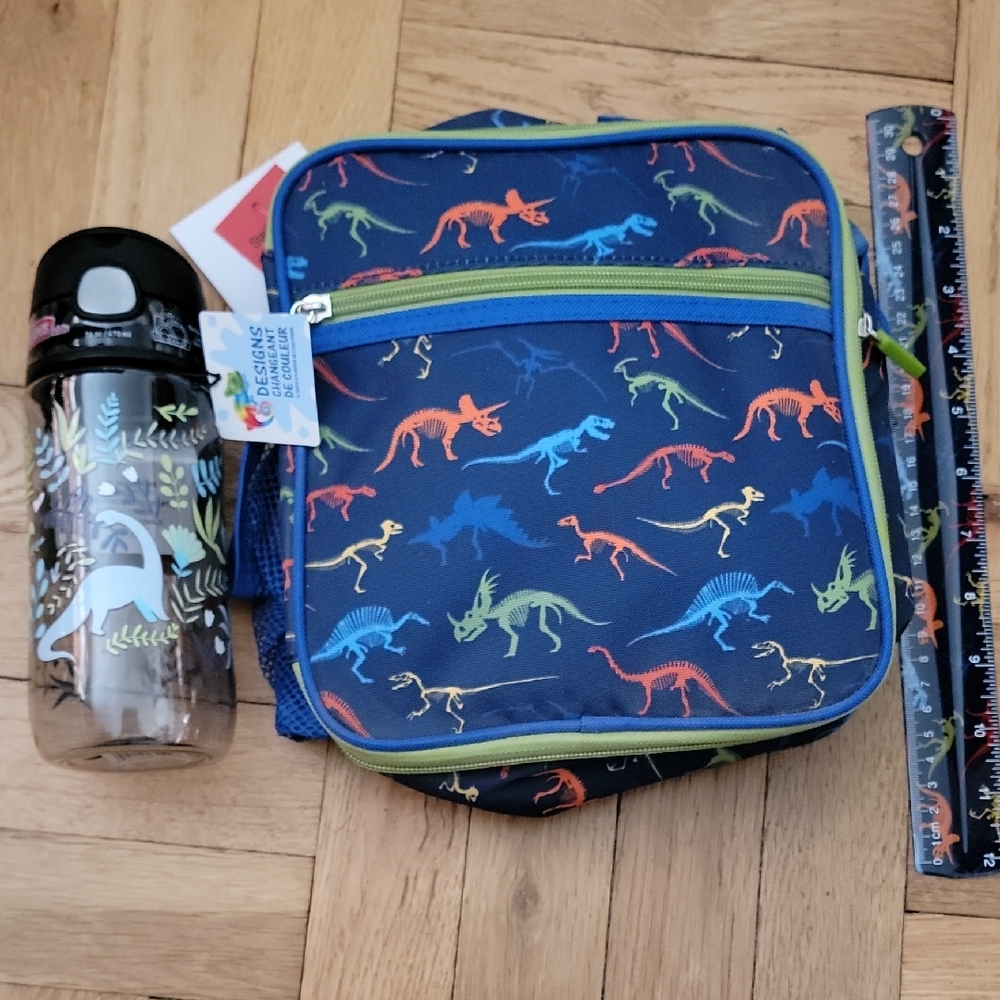 BUNDLE/3-ITEMS/Kids Dinosaur Lunch Bag and Water Bottle & Rule - Navy Multicolor